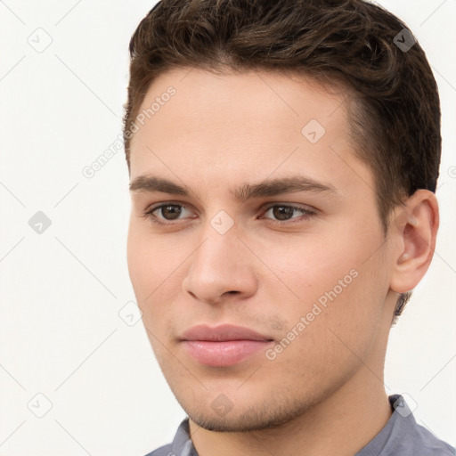 Neutral white young-adult male with short  brown hair and brown eyes