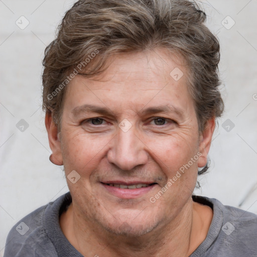 Joyful white adult male with short  brown hair and grey eyes