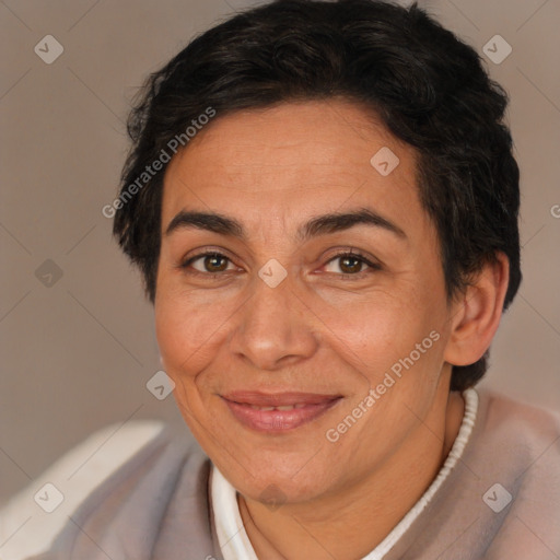 Joyful white adult female with short  brown hair and brown eyes