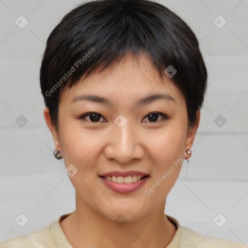 Joyful asian young-adult female with short  brown hair and brown eyes