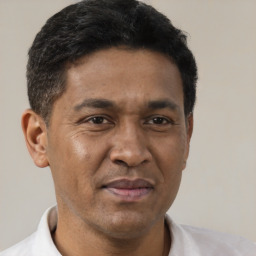 Neutral black adult male with short  brown hair and brown eyes
