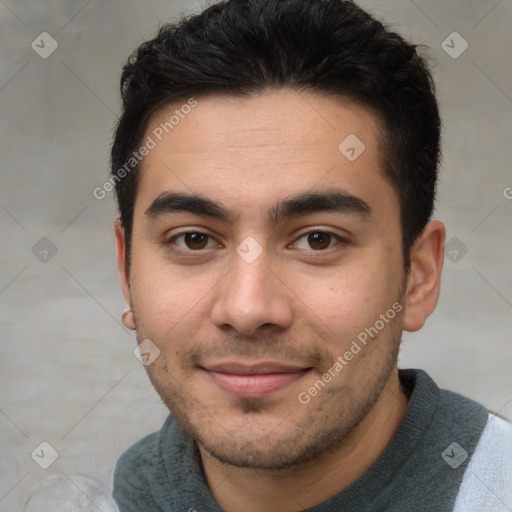 Joyful white young-adult male with short  black hair and brown eyes