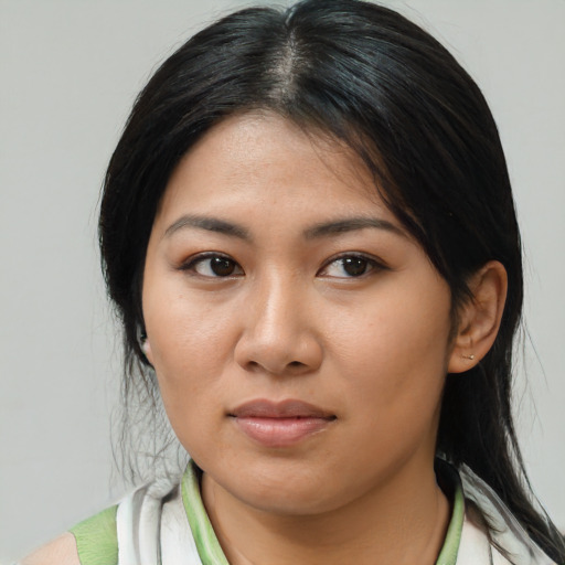 Neutral asian young-adult female with medium  black hair and brown eyes
