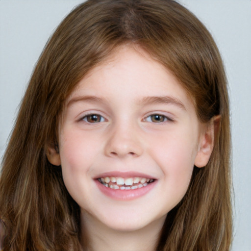 Joyful white child female with long  brown hair and brown eyes