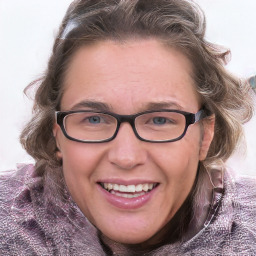 Joyful white adult female with medium  brown hair and blue eyes