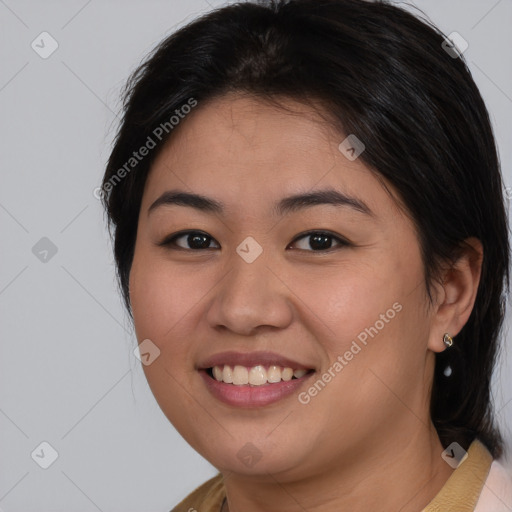 Joyful white young-adult female with medium  brown hair and brown eyes