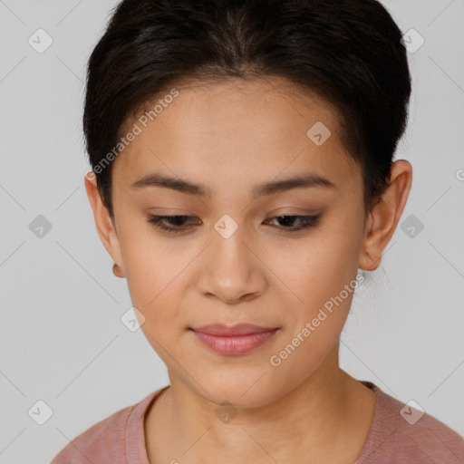 Joyful latino young-adult female with short  brown hair and brown eyes