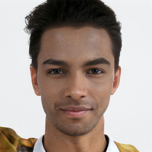 Joyful white young-adult male with short  black hair and brown eyes