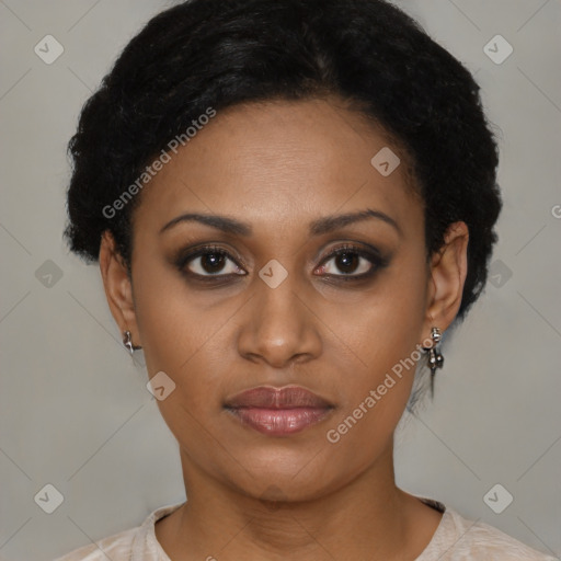 Joyful latino young-adult female with short  black hair and brown eyes