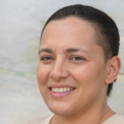 Joyful white adult female with short  brown hair and brown eyes