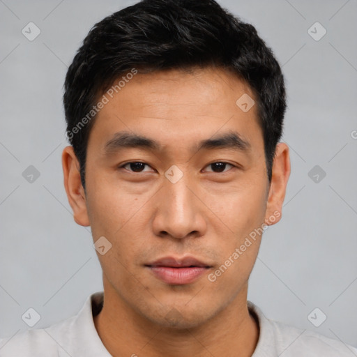 Neutral asian young-adult male with short  black hair and brown eyes