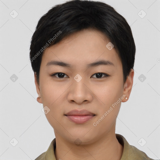 Joyful asian young-adult female with short  black hair and brown eyes