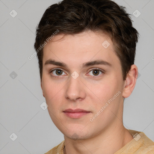 Neutral white young-adult male with short  brown hair and brown eyes