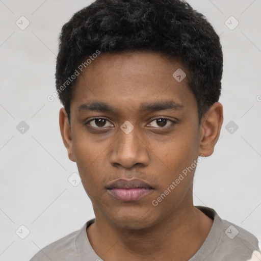 Neutral black young-adult male with short  black hair and brown eyes
