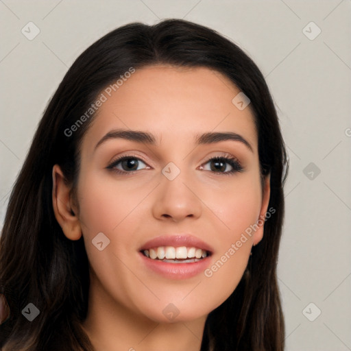 Joyful white young-adult female with long  black hair and brown eyes