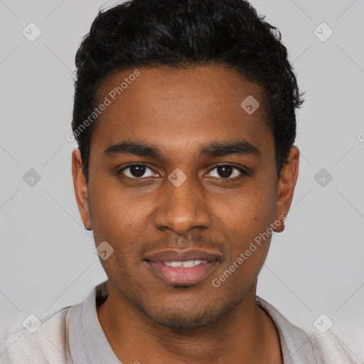 Joyful black young-adult male with short  black hair and brown eyes