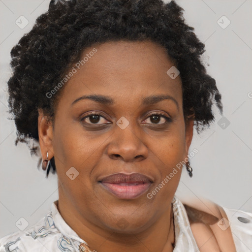 Joyful black adult female with short  brown hair and brown eyes