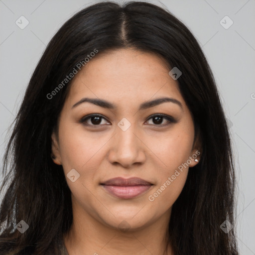 Joyful latino young-adult female with long  brown hair and brown eyes