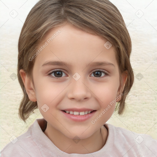 Joyful white child female with medium  brown hair and brown eyes