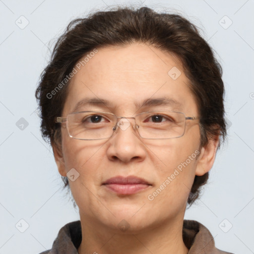 Joyful white adult female with short  brown hair and brown eyes