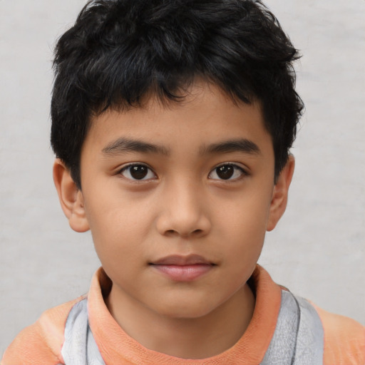 Neutral asian child male with short  black hair and brown eyes