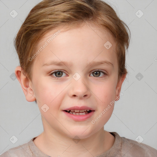 Joyful white child female with short  brown hair and brown eyes