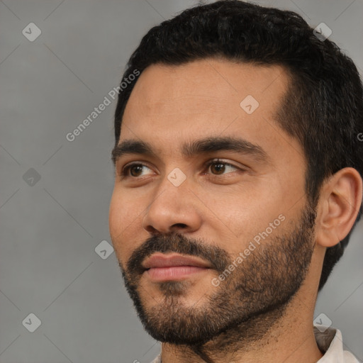 Neutral latino young-adult male with short  black hair and brown eyes