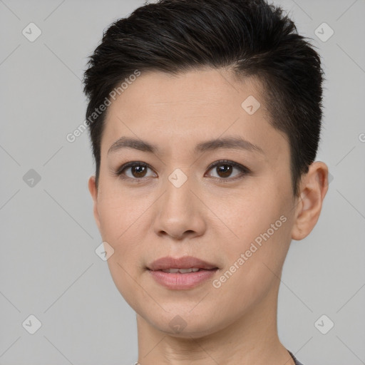 Joyful white young-adult female with short  brown hair and brown eyes