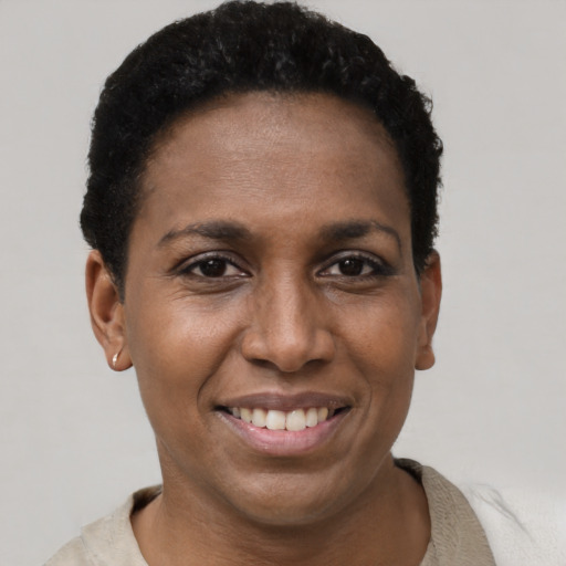 Joyful black young-adult female with short  black hair and brown eyes