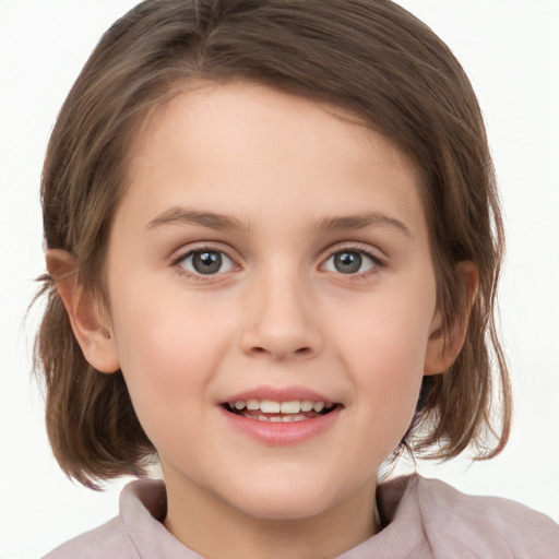 Joyful white child female with medium  brown hair and grey eyes