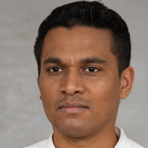 Neutral black young-adult male with short  black hair and brown eyes