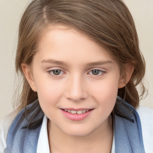 Joyful white child female with medium  brown hair and brown eyes