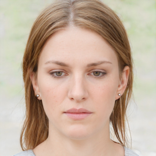 Neutral white young-adult female with medium  brown hair and blue eyes