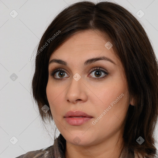 Neutral white young-adult female with medium  brown hair and brown eyes