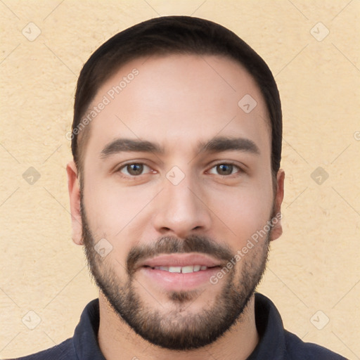 Neutral white young-adult male with short  black hair and brown eyes