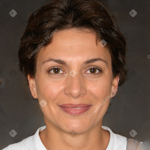 Joyful white adult female with short  brown hair and brown eyes