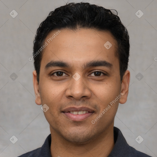 Joyful latino young-adult male with short  black hair and brown eyes