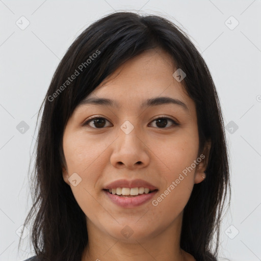 Joyful asian young-adult female with long  brown hair and brown eyes