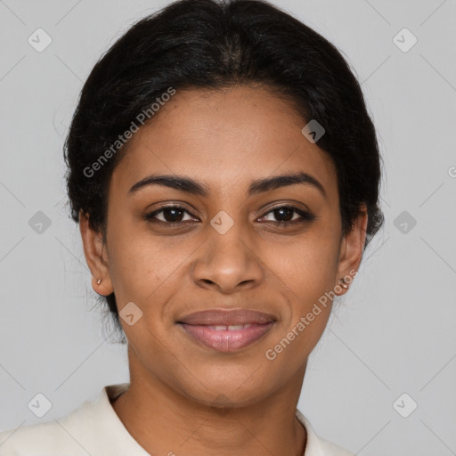 Joyful latino young-adult female with medium  brown hair and brown eyes