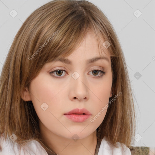 Neutral white young-adult female with medium  brown hair and brown eyes