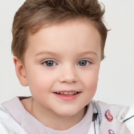 Joyful white child female with short  brown hair and brown eyes