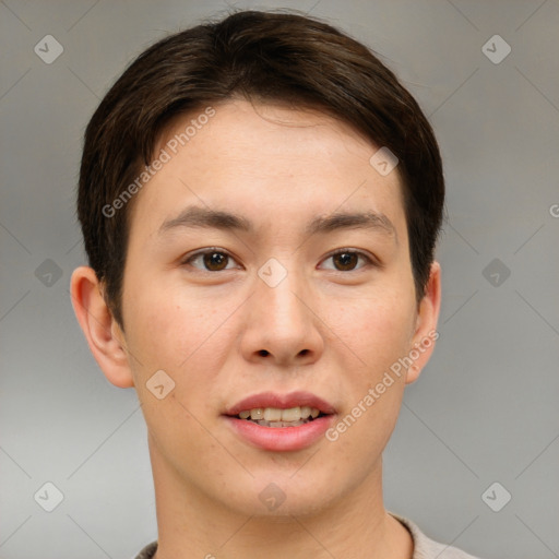 Joyful asian young-adult male with short  brown hair and brown eyes