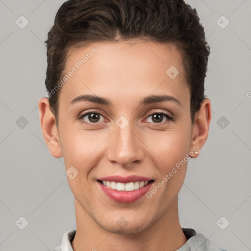 Joyful white young-adult female with short  brown hair and brown eyes