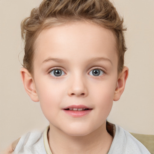 Neutral white child female with short  brown hair and blue eyes