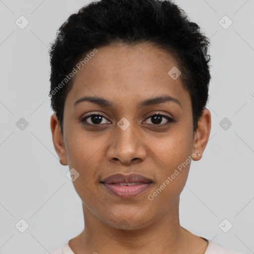 Joyful latino young-adult female with short  black hair and brown eyes