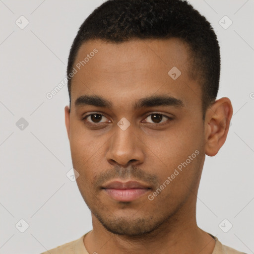 Neutral black young-adult male with short  black hair and brown eyes