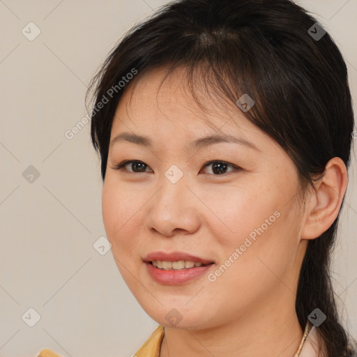 Joyful white young-adult female with medium  brown hair and brown eyes