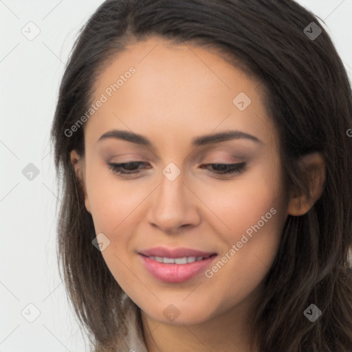 Joyful latino young-adult female with long  brown hair and brown eyes