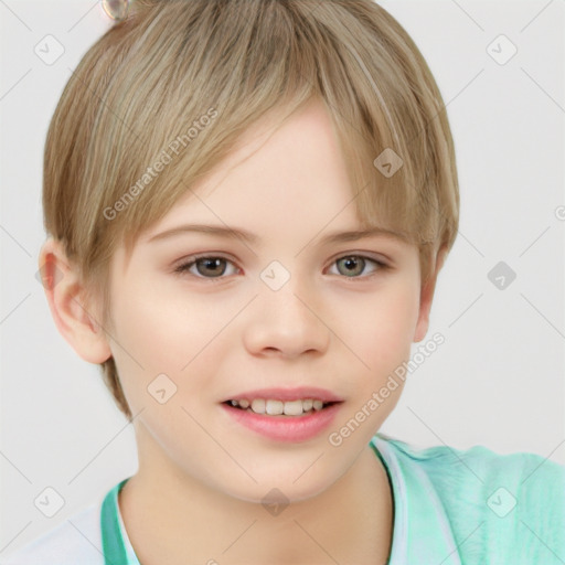 Joyful white child female with short  brown hair and brown eyes