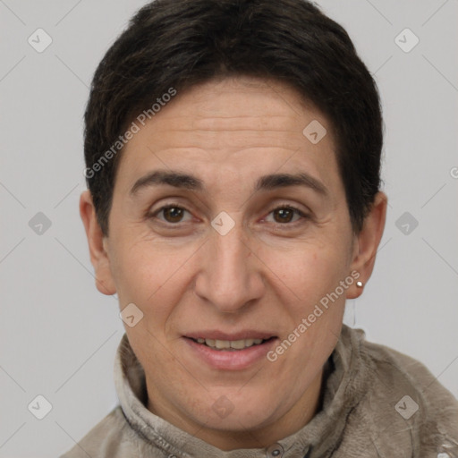 Joyful white adult female with short  brown hair and brown eyes